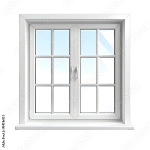White double-hung window with a grid pattern, sky visible