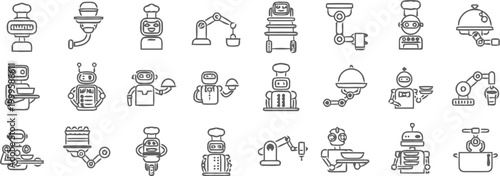 Set of robot chef line icons