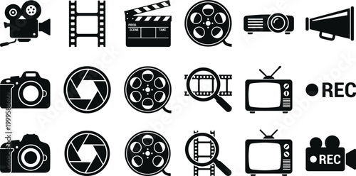 Film and photography icon collection with cameras, clapperboard, film reel, and media production symbols – vector illustration