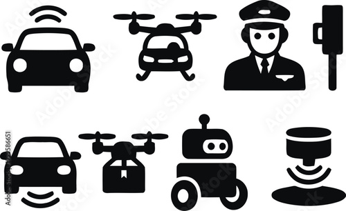 Black icons of autonomous vehicles and technology
