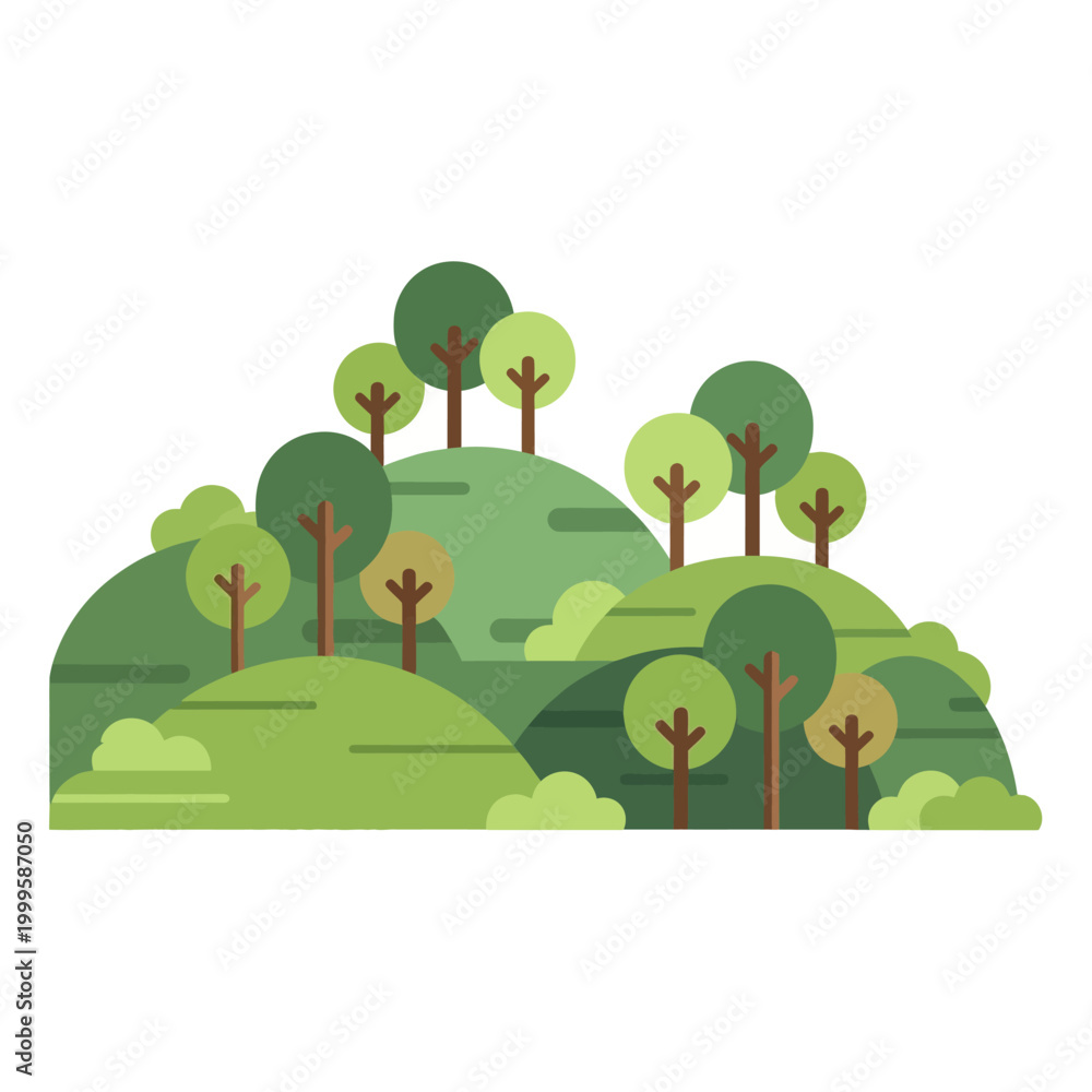 Fototapeta premium Stylized Green Hillside with Trees and Bushes, Flat Design Vector Illustration