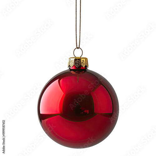 Shiny red, round ornament with gold cap, suspended against black