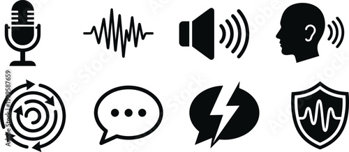 Microphone sound wave speaker ear communication icons, audio technology artwork decorative vector illustration element for app UI, podcast, and web design