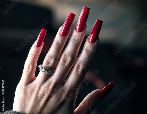 Close-up of a woman's hand featuring bold red nails, a sparkling ring, and soft light, creating an elegant and classy atmosphere.