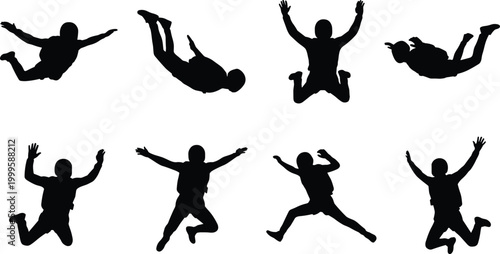 Skydiver silhouette collection with parachute gear, freefall poses, and extreme sports icons – vector illustration