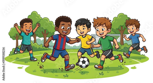 group of diverse happy children playing soccer on a green field vector illustration