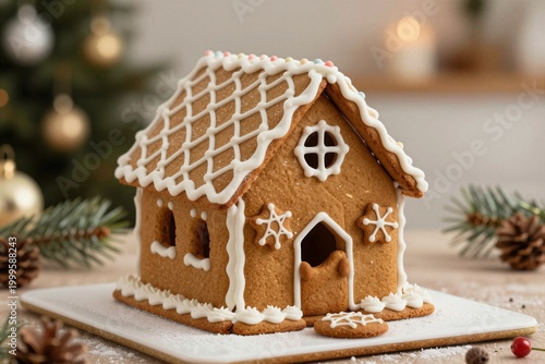 Gingerbread house decorated with icing on holiday table