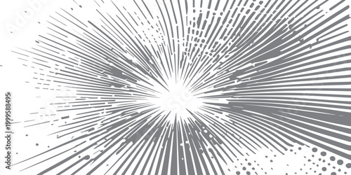 A black and white abstract background features a digital fractal pattern where light and motion create a burst of energy across a cosmic space backdrop