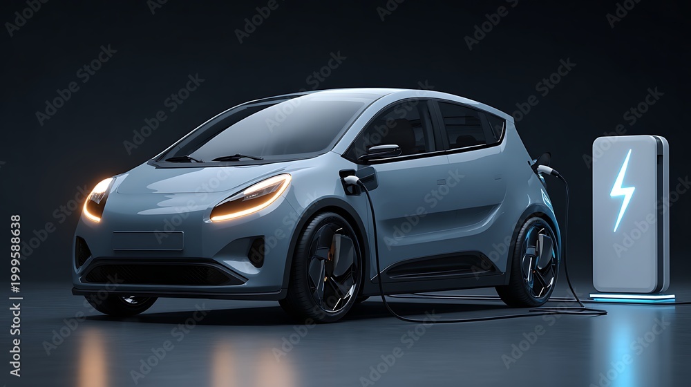 Fototapeta premium Modern compact electric car charging at a glowing station in dark clean energy technology scene