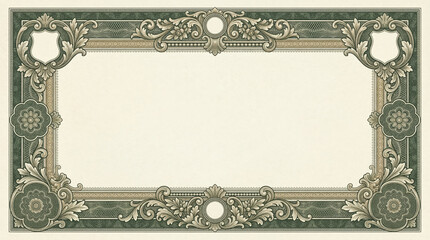 Vintage ornate certificate border frame with money engraving pattern on blank aged paper background