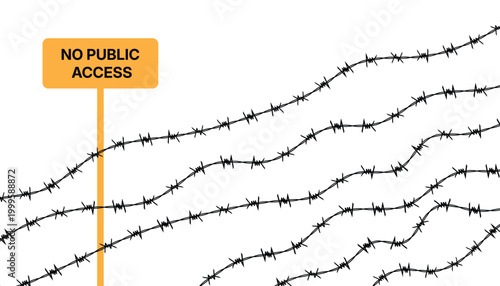 Wavy diagonal barbed wire fencing attached with orange no public access warning sign for restricted areas
