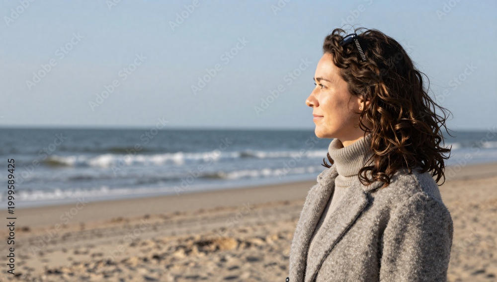 Obraz premium Woman gazes at the ocean horizon on a tranquil beach in a grey coat