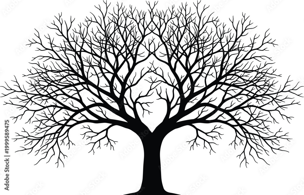 Fototapeta premium Symmetrical leafless tree silhouette with fractal branches, spiritual growth artwork decorative botanical design isolated vector illustration element, flat vector illustration
