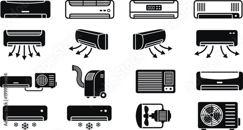 Air conditioning unit icons collection, split, portable, window AC, condenser systems, cooling equipment – flat vector illustration