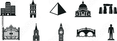Architectural landmarks icons with buildings pyramid domed church Big Ben bridge statue artwork decorative vector illustration element for travel, culture, and history design, flat vector illustration