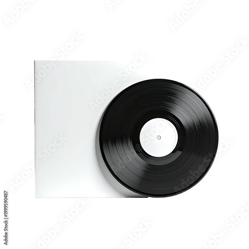 Black vinyl record with white label & sleeve, isolated on black