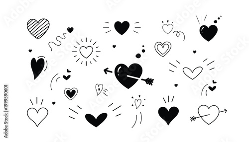 Hand drawn heart doodle icon set for valentines day and wedding decoration, Hand drawn heart symbol