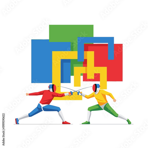 Fencing duel with abstract colorful background, competitive sport illustration