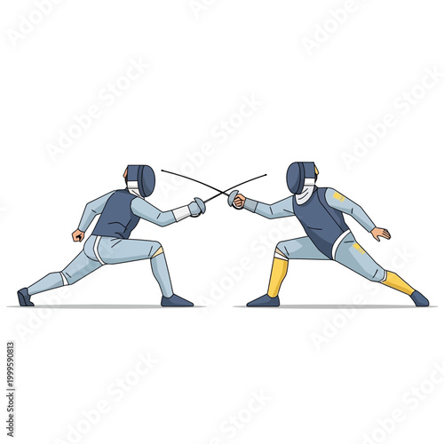 Two Fencers in Combat Stance, Swords Crossed, Ready for Duel