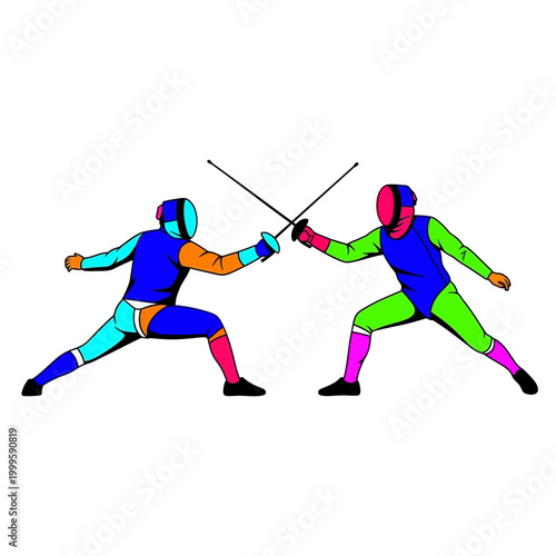 Two Fencers in Colorful Uniforms Sparring with Swords