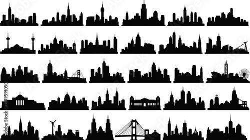 Collection of various city skylines with skyscrapers and buildings in silhouette