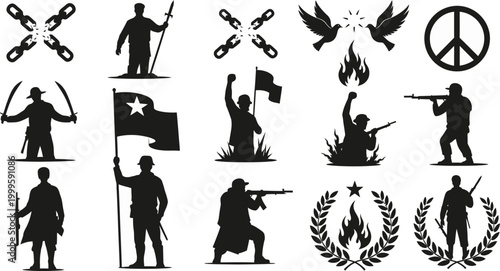 Black silhouettes of soldiers and war symbols on white background