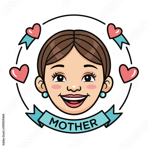 Smiling cartoon mother face with hearts and ribbon banner vector illustration isolated on white background