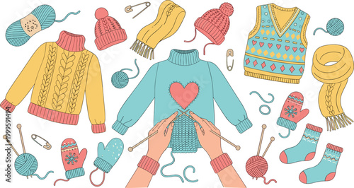 Knitting and Crochet Winter Clothes Set with Sweaters Mittens Scarves and Yarn for Crafting and Handmade Design