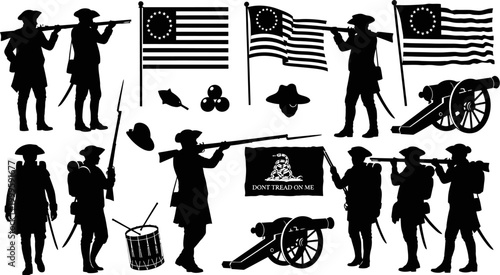 American colonial soldiers and military equipment silhouettes with flags
