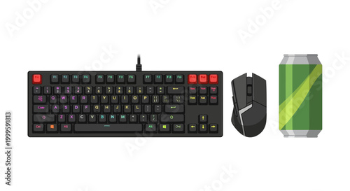 Essential player gear for a modern gaming setup, showcasing a vibrant RGB keyboard, an ergonomic mouse, and a refreshing beverage can ready for intense sessions