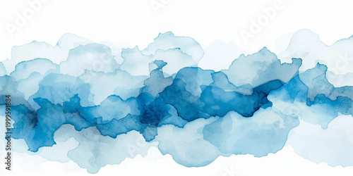 Beautiful abstract watercolor background featuring a bright blue sky with fluffy white cumulus clouds and natural sunlight for a serene summer cloudscape