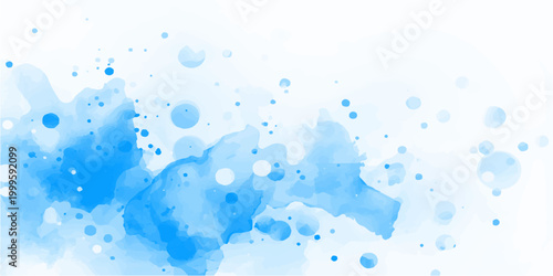 Clear liquid water drops with transparent bubbles create a fresh abstract texture against a clean white and blue nature background featuring a wet motion splash