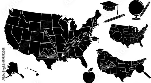 education icons and maps of usa and north america with school supplies isolated on white background