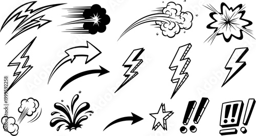 Collection of comic book style explosion and motion graphics elements with lightning bolts and arrows