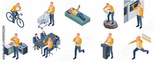 Isometric Man Character Set Representing Various Daily Activities and Hobbies