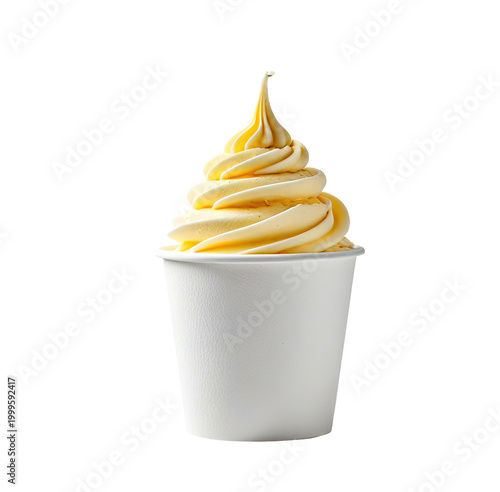 A swirling soft-serve ice cream treat in a white paper cup