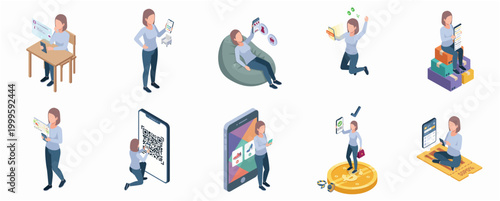 Woman Character Isometric Illustration Collection Showing Diverse Modern Lifestyle and Business Activities