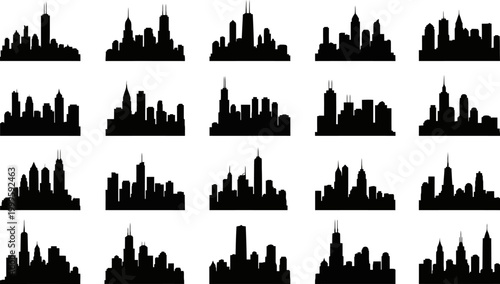 set of city skylines in black silhouette on white background