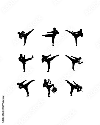 A group of nine silhouetted people performing various kicking poses in a studio setting.