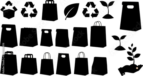 Black silhouettes of various ecofriendly shopping bags and recycling symbols on white background