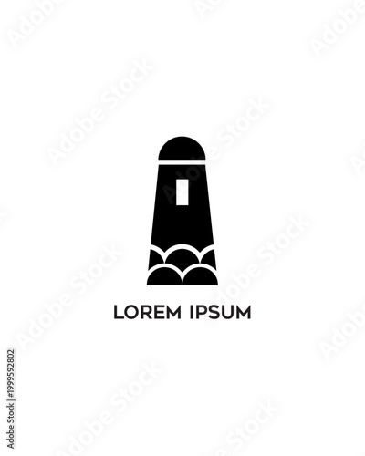 A sleek black lighthouse stands tall on rocky shores at sunset.