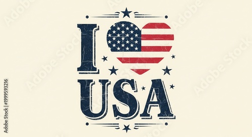 Vintage I Love USA Typography with Heart Shaped American Flag