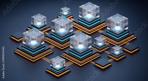 quantum computing network with illuminated cubic structures and connecting lines high quality professional