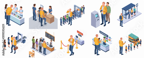 Isometric People Waiting in Different Queues and Service Lines Scenarios