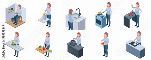 Isometric Set Of Woman Performing Various Kitchen Food Preparation Activities And Cooking