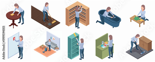 Isometric Woman Performing Various Household Chores Including Cleaning and Tidying Up