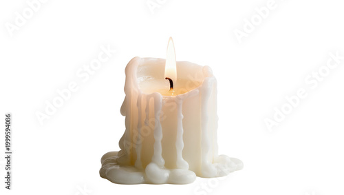 Photos Melting white wax candle with flickering flame burning
