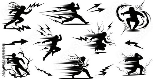 Black silhouettes of people running with motion blur and lightning effects  dynamic movement illustrations