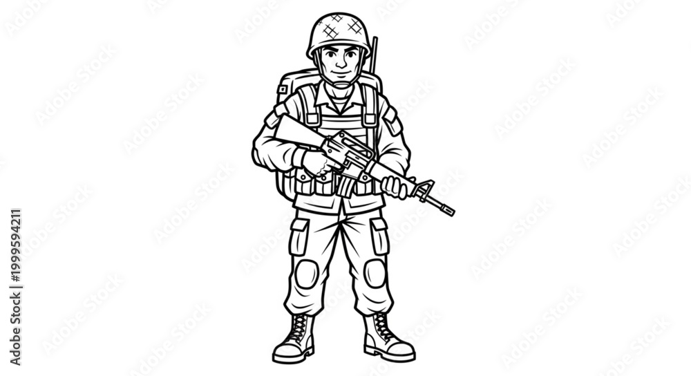Fototapeta premium Cartoon Soldier Holding Rifle, Military Character Illustration, Full Body, White Background