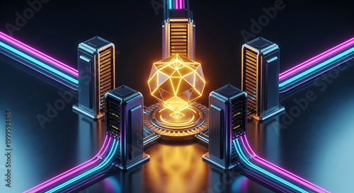 Isometric futuristic server complex with glowing geometric core and neon lighting high quality